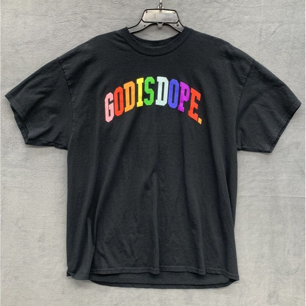 God is Dope Graphic T-Shirt Men's Size 2XL Black Rainbow Spell Out Short Sleeve
